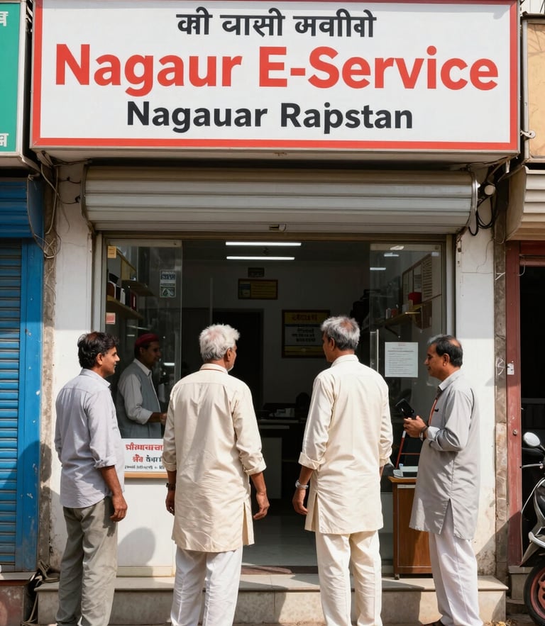 A welcoming physical storefront of Nagaur E-Service in Rajasthan, bright natural daylight, local residents entering for assistance, clear signage in Hindi and English