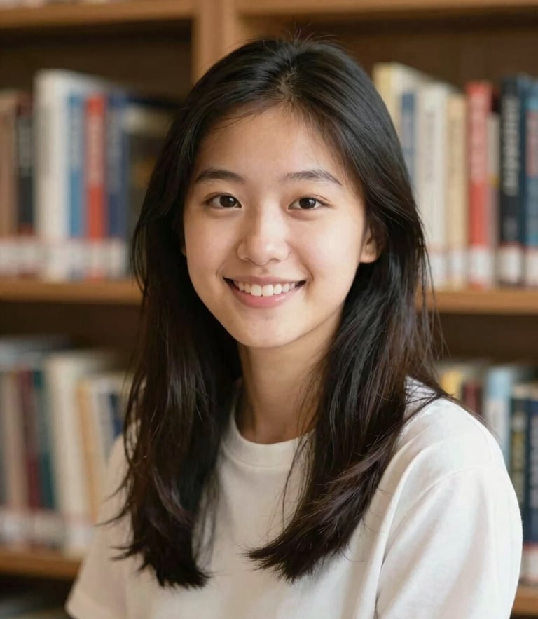 Warm daylight environmental portrait of a young student smiling in a library, soft focus books in background, natural lighting, authentic connection
