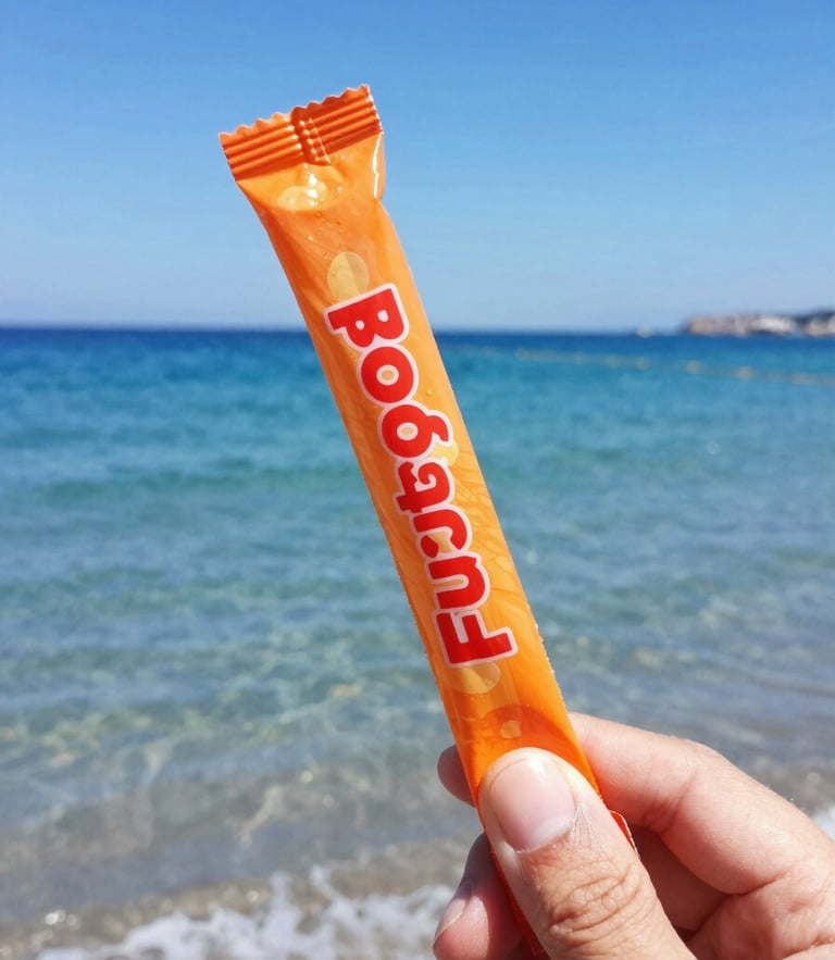 Close-up action shot of a hand holding a vibrant orange Fuego Rollypop tube against a bright blue Mediterranean sea background, direct midday coastal sunlight, sharp focus
