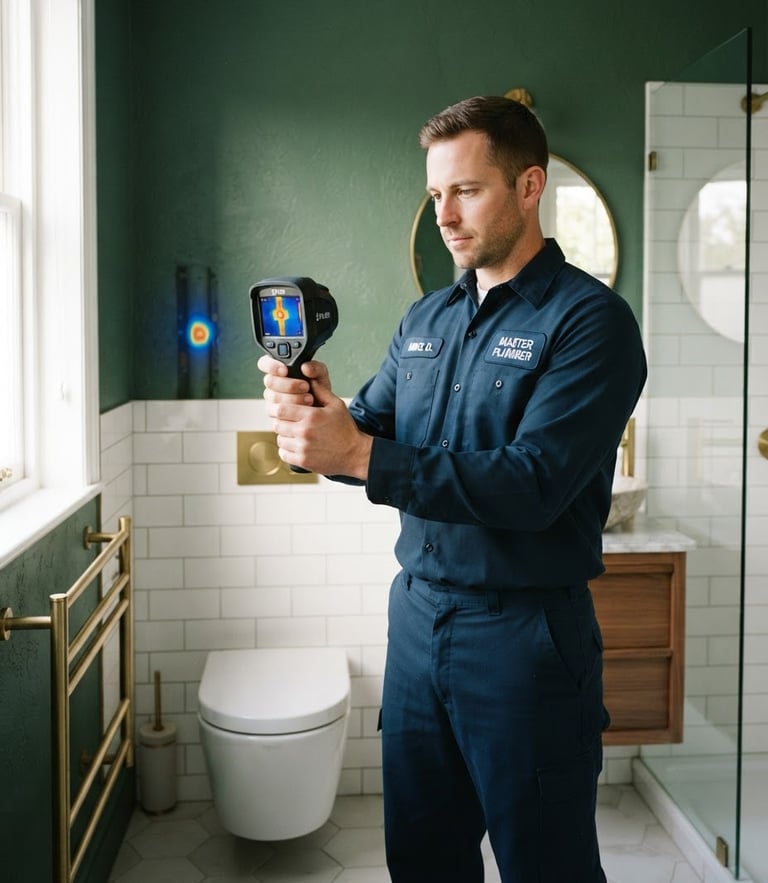 A professional plumber in a clean uniform using a thermal imaging camera to scan a modern bathroom wall, bright natural daylight, high-tech diagnostic equipment, clean professional photography, bright natural indoor lighting, deep green and white accents, sharp focus, 35mm