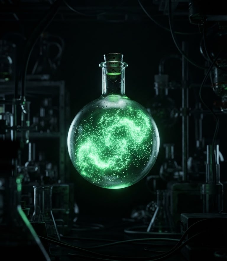 Macro 3D render of a glowing glass chemistry flask filled with neon green bioluminescent energy particles, floating in a dark laboratory, dramatic low-key lighting, deep charcoal shadows