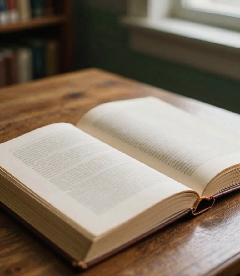 An open antique leather-bound book on a wooden desk, soft warm window light casting gentle shadows on textured paper, library background, 35mm film texture