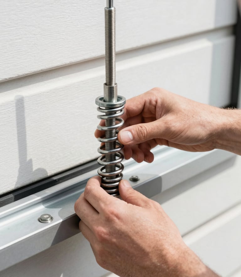 A close-up of a technician's hands calibrating a heavy steel torsion spring on a modern garage door track, bright natural daylight, crisp focus.