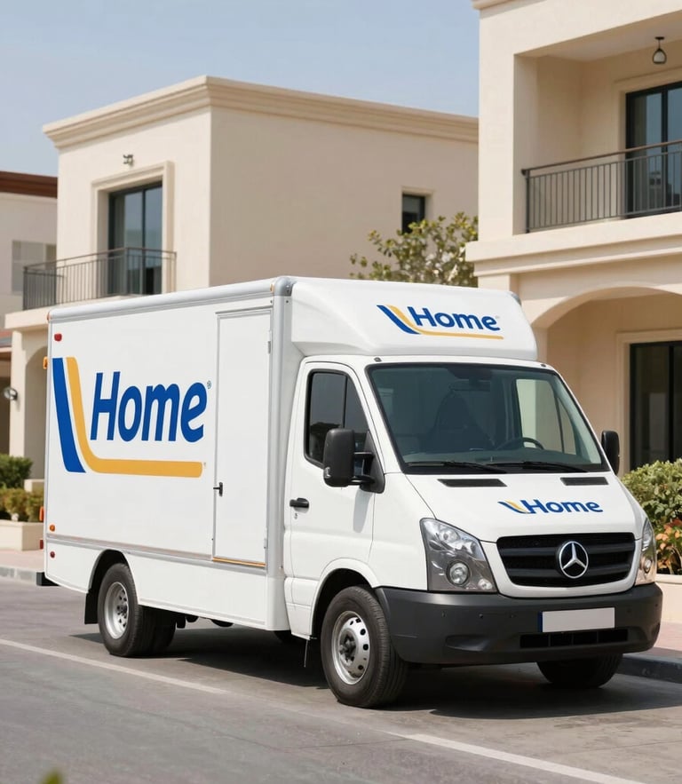 Bright commercial photography of a clean, modern, branded E Home moving truck parked in a premium Dubai villa community, crisp daylight, 35mm