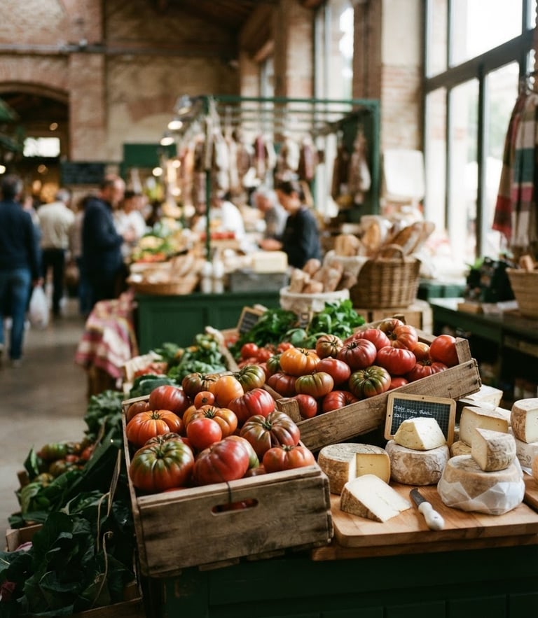 Cozy editorial photography of a bustling indoor food market, soft natural side-light illuminating wooden crates of heirloom tomatoes and artisanal cheeses, shallow depth of field, 35mm