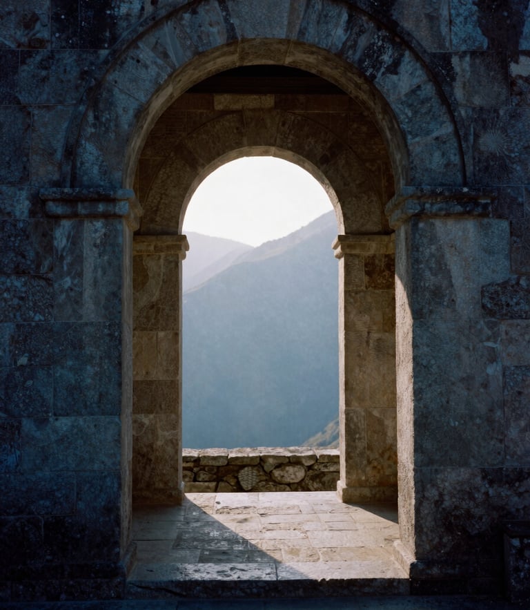 Quiet contemplative view of stone monastery archway, morning light filtering through, soft shadow, medium format film photography