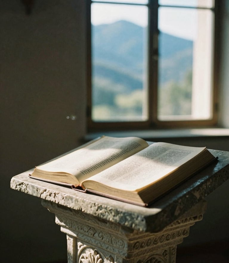 A close-up of an open liturgical book on a hand-carved stone lectern, warm morning light filtering through a monastery window, contemplative film photography style