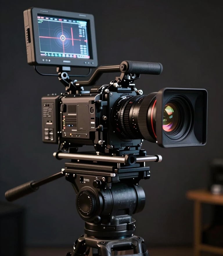 A close-up of a high-end cinema camera rig on a tripod, field monitor glowing in a dark studio, moody low-key lighting, anamorphic lens reflections.
