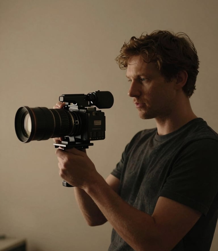 Dramatic low-key cinematic film portrait of a creative director holding an anamorphic lens camera, warm beige tones, deep shadows, 35mm