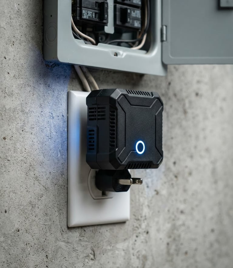 Macro product shot of the Smart Save hardware device plugged into a clean wall outlet near a breaker panel, cool blue indicator light glowing, sharp industrial design, 50mm.