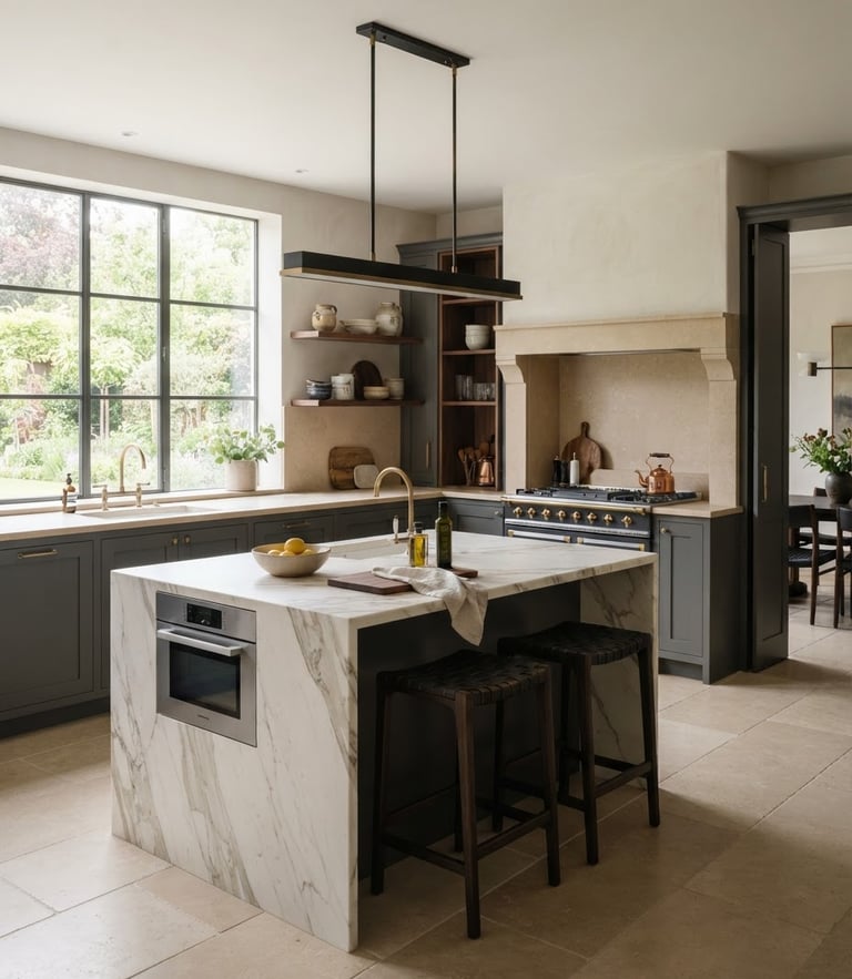 Bright architectural interior photography of a luxurious bespoke kitchen, warm stone and charcoal tones, soft natural daylight, sharp focus, 35mm