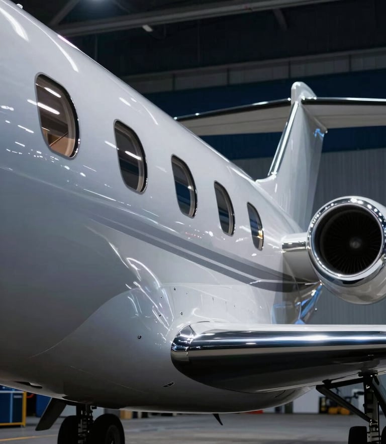 Sleek private jet fuselage reflecting hangar lights, cool metallic silver and deep navy tones, sharp focus, high-contrast architectural framing