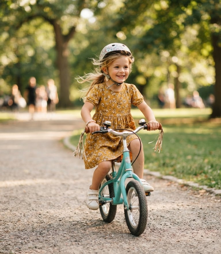 Warm editorial photography of a smiling child balancing on a bicycle in a sunny park, soft natural daylight, shallow depth of field, 35mm