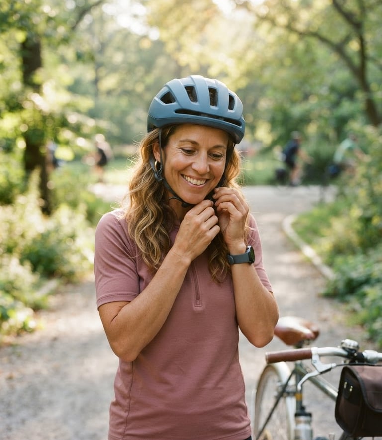 Warm editorial photography of a smiling adult woman adjusting her helmet on a quiet sunlit park path, soft natural daylight, shallow depth of field, 35mm