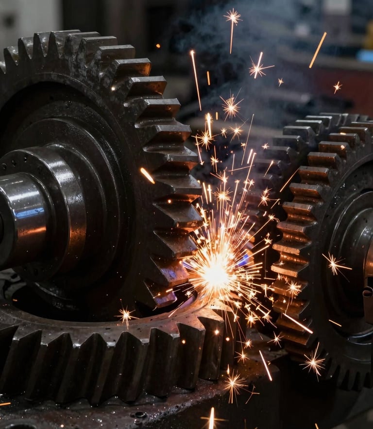 Close-up of intense electrowelding sparks on heavy industrial steel gears, high-contrast factory lighting, dark charcoal background, sharp focus, 35mm
