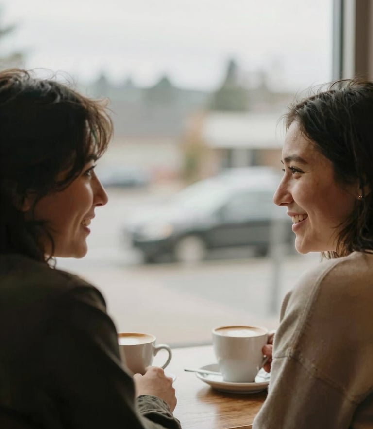 A warm, candid close-up of two people talking over coffee in a Lynnwood cafe, soft Pacific Northwest overcast light filtering through the window, muted earthy tones.