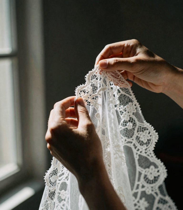 A close-up shot of hands adjusting a delicate lace veil in high-contrast window light, deep shadows, grainy medium-format film aesthetic.