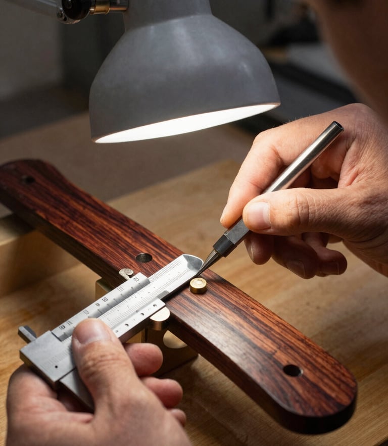 Macro shot of a technician using steel feeler gauges under a single focused bench lamp to measure fret clearance on a dark rosewood fingerboard.