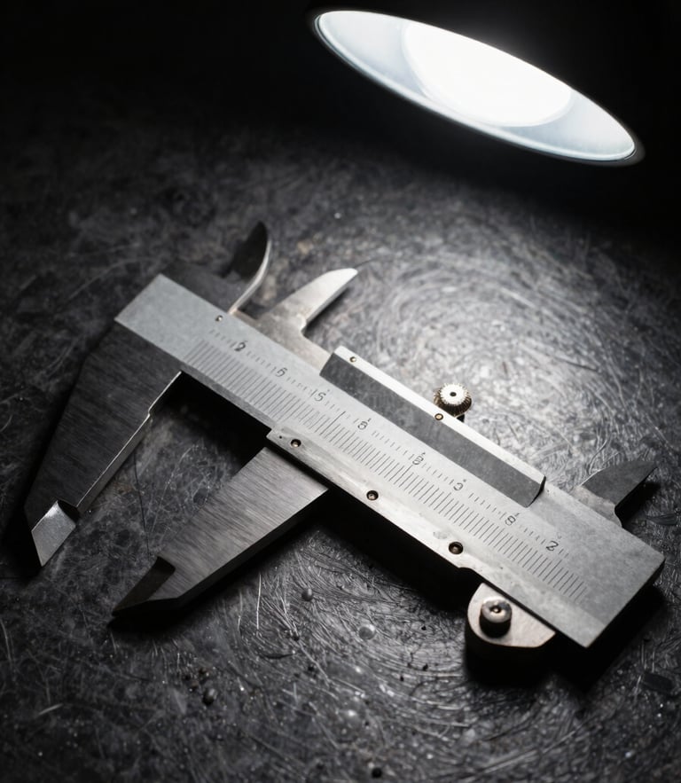 Macro close-up of high-contrast steel calipers measuring the fret crown of an electric guitar neck under a single focused bench lamp, deep shadows, dark oiled-steel background.