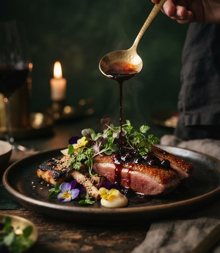 moody editorial food photography, close-up of a delicate fusion dish with a rich reduction sauce being poured, warm candlelit glow, deep forest green background, shallow depth of field, 50mm