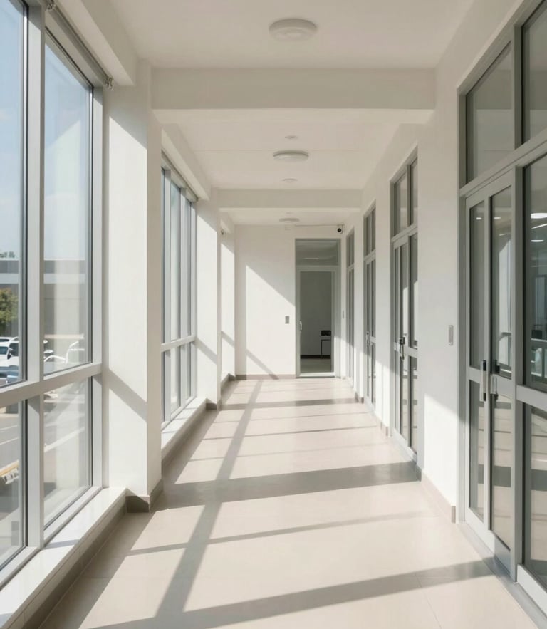 A clean, architectural detail of a modern healthcare facility corridor, bright clinical daylight, crisp linear shadows, minimalist structure.
