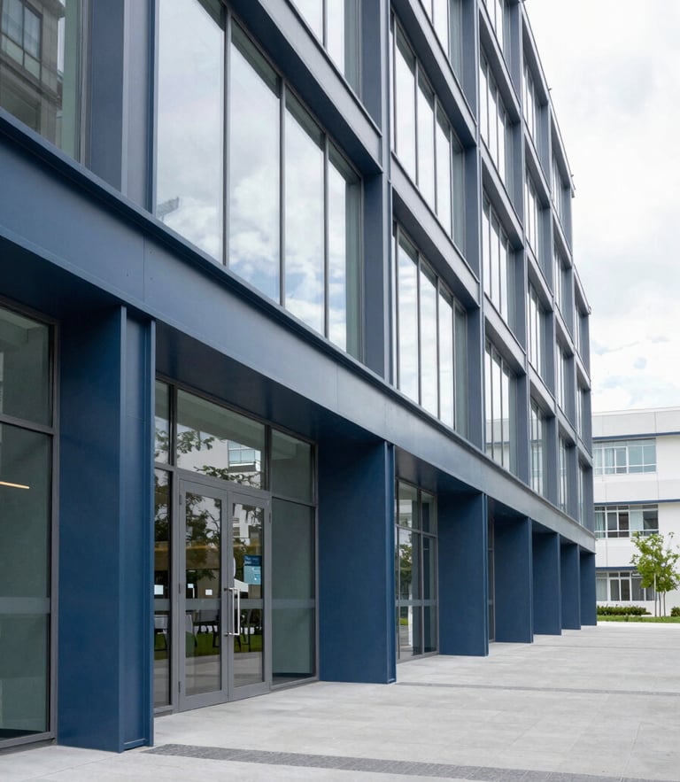A wide, clean, daylight-filled architectural detail of a modern medical center corridor, showcasing geometric glass panels, structural steel, and deep slate blue accents with generous negative space.