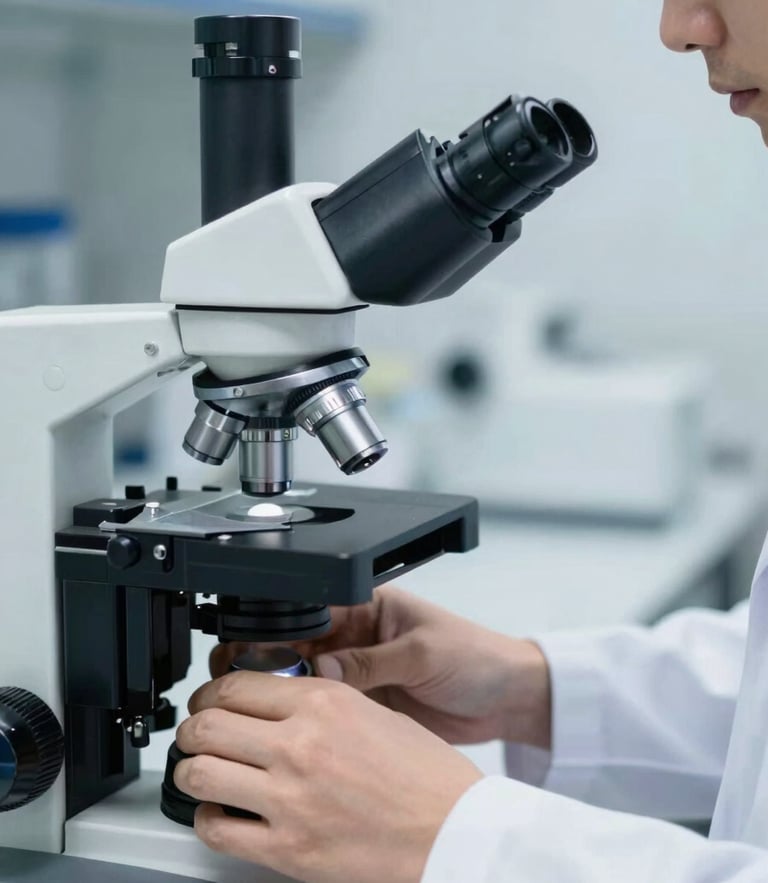 Close-up of a clinical scientist in a crisp white lab coat adjusting a high-precision microscope, cool daylight, slate tones, professional setting.