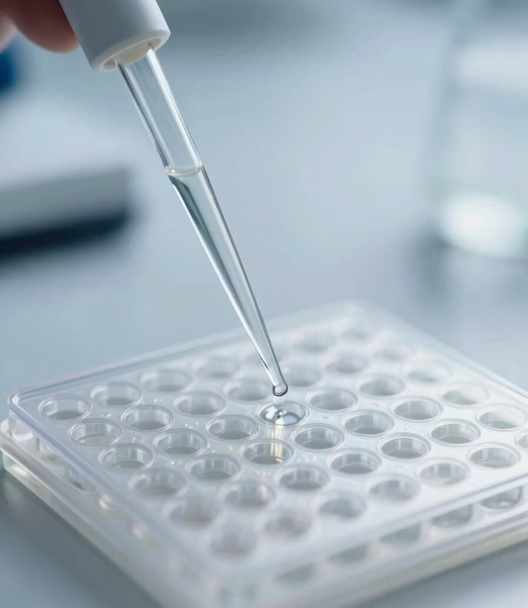 Macro photograph of clinical laboratory equipment, clean daylight, precise focus on glass pipette and micro-well plate, cool blue and slate tones