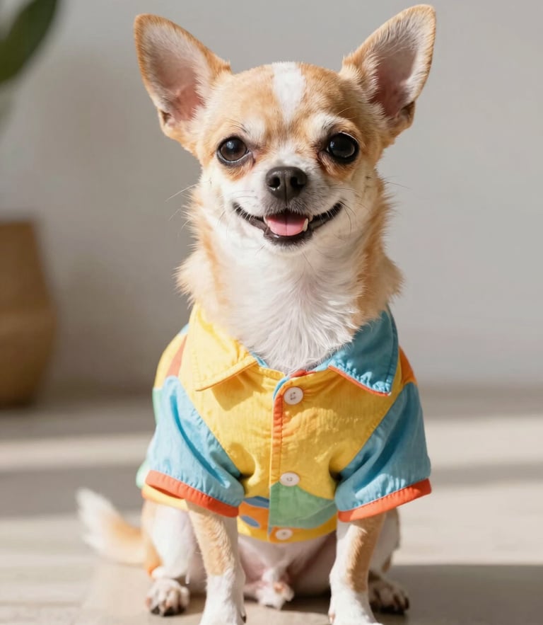 A happy small chihuahua wearing a colorful custom-made summer shirt, sitting comfortably indoors, warm sunlight, eye-level portrait