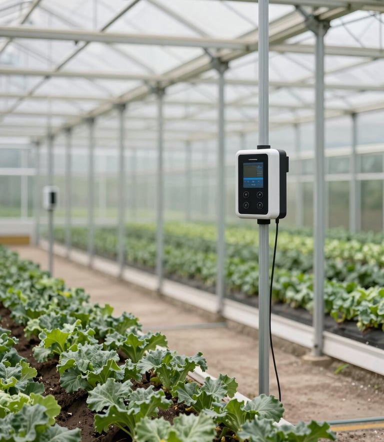 Crisp daylight shot of a modern agricultural greenhouse with structured rows of crops, clean glass panels, and a digital sensor device attached to a support post.