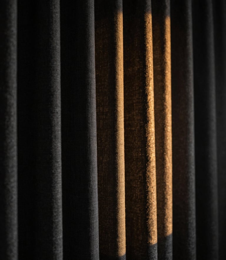 Dramatic close-up of heavy charcoal linen curtains catching low-angle golden side light, deep shadows, moody editorial interior photography, 35mm lens