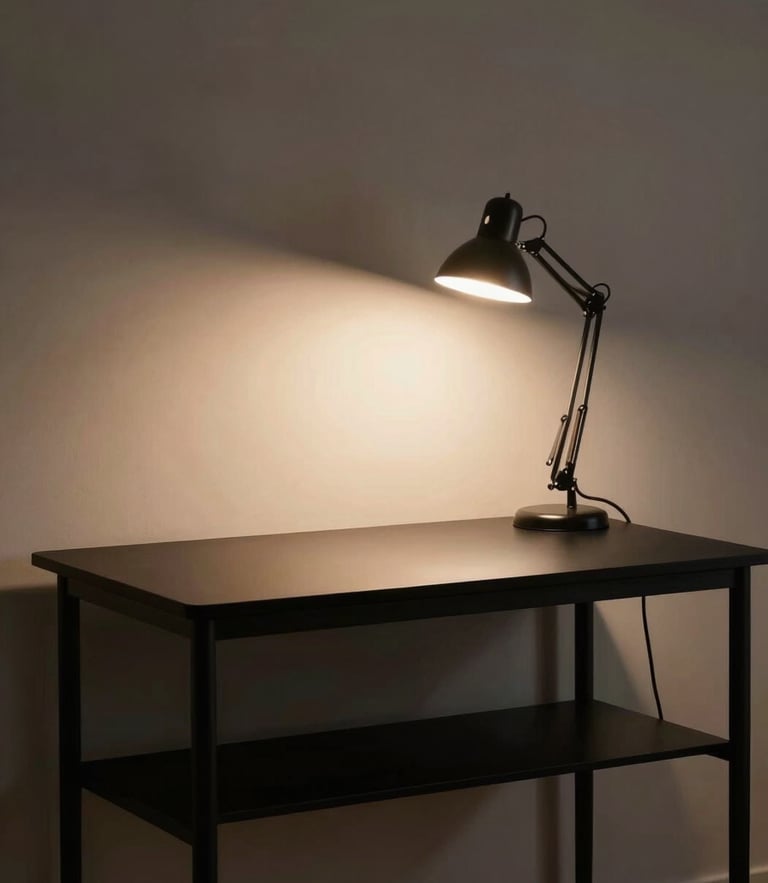 Wide environmental shot of an empty minimalist desk setup at night, single desk lamp casting warm light on a matte black desk shelf, clean cable management.