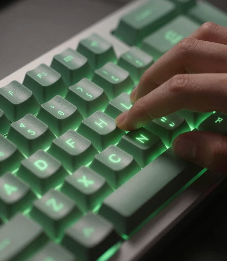 Macro shot of a high-end mechanical keyboard, fingers typing, soft green terminal glow reflecting off keycaps, moody ambient lighting.
