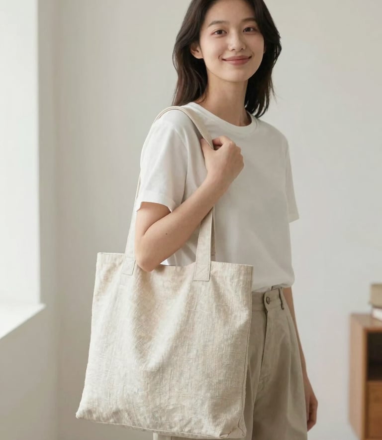 clean minimalist fashion photography, bright natural indoor daylight, soft neutral background, crisp focus, 35mm lens. Portrait of a young woman smiling, holding a stylish linen tote bag, natural light.