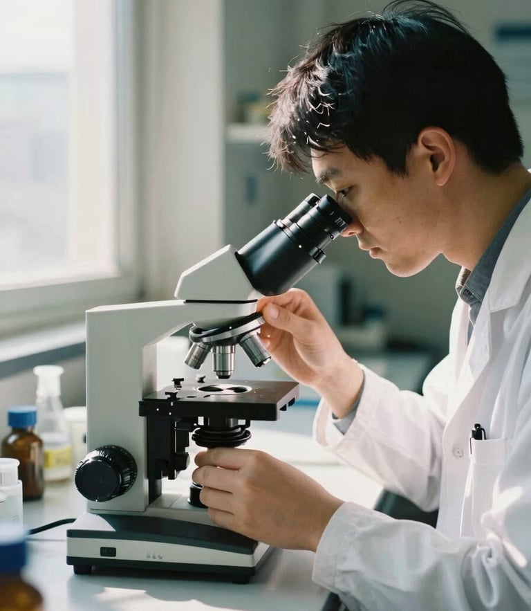 A research scientist in a sunlit laboratory adjusting a microscope, warm natural daylight from a side window, soft focus background, organic muted tones, 35mm film style.