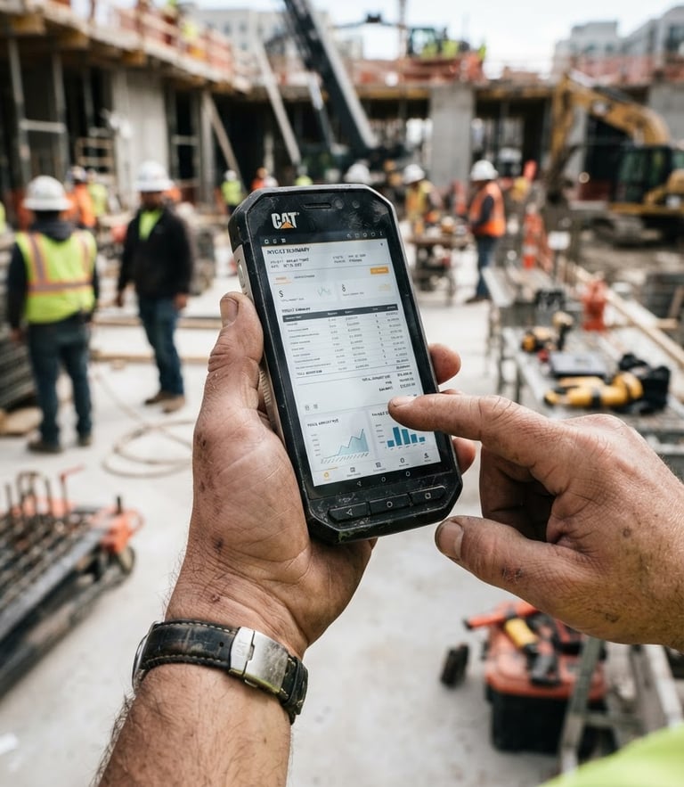 Construction worker using cell phone to view Estimates PRO dashboard CRM