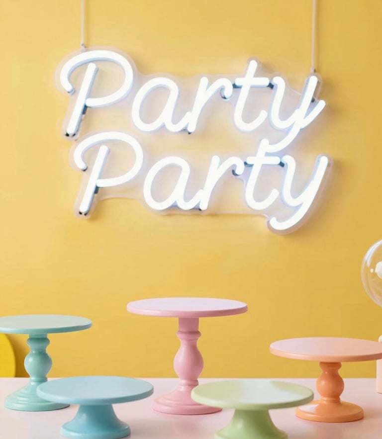 Bright high-key commercial photography of a colorful party display with a neon sign and pastel cake stands, sunshine yellow background, studio lighting