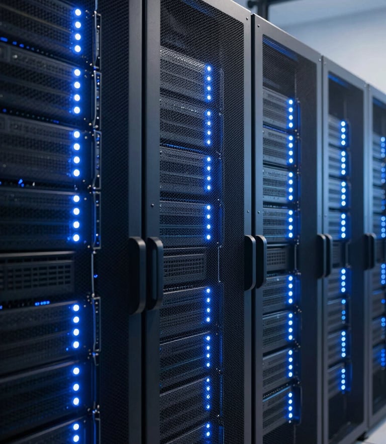 Crisp architectural photography of organized server racks with glowing blue and white LED status lights, high-contrast data center interior, sharp focus