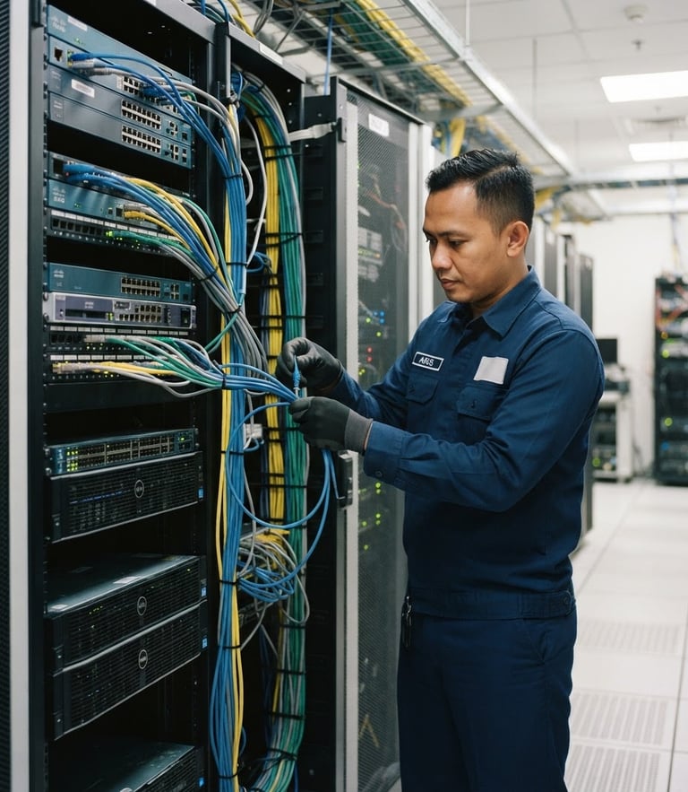 A professional Indonesian technician in a clean dark blue uniform neatly arranging ethernet cables in a server rack, bright indoor lighting, sharp focus, 35mm photography.
