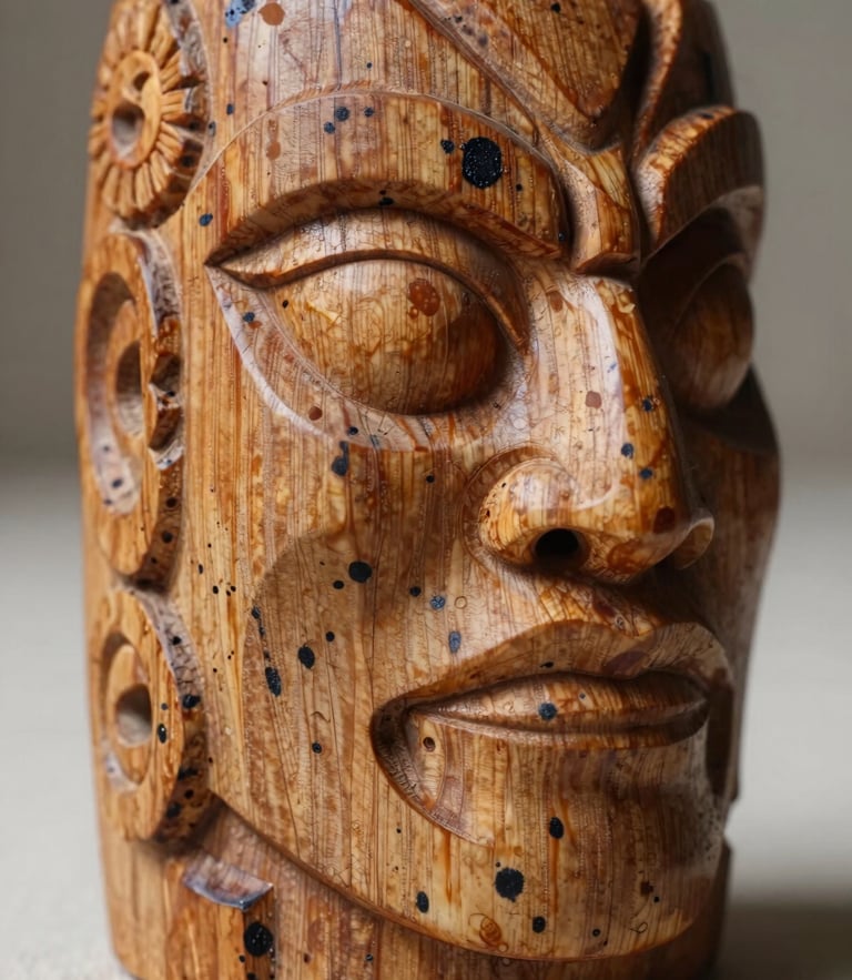Extreme close-up macro shot of a hand-carved wooden Nahual sculpture, showing deep grain textures, black ink stains, and sharp directional side-lighting on a raw canvas background.