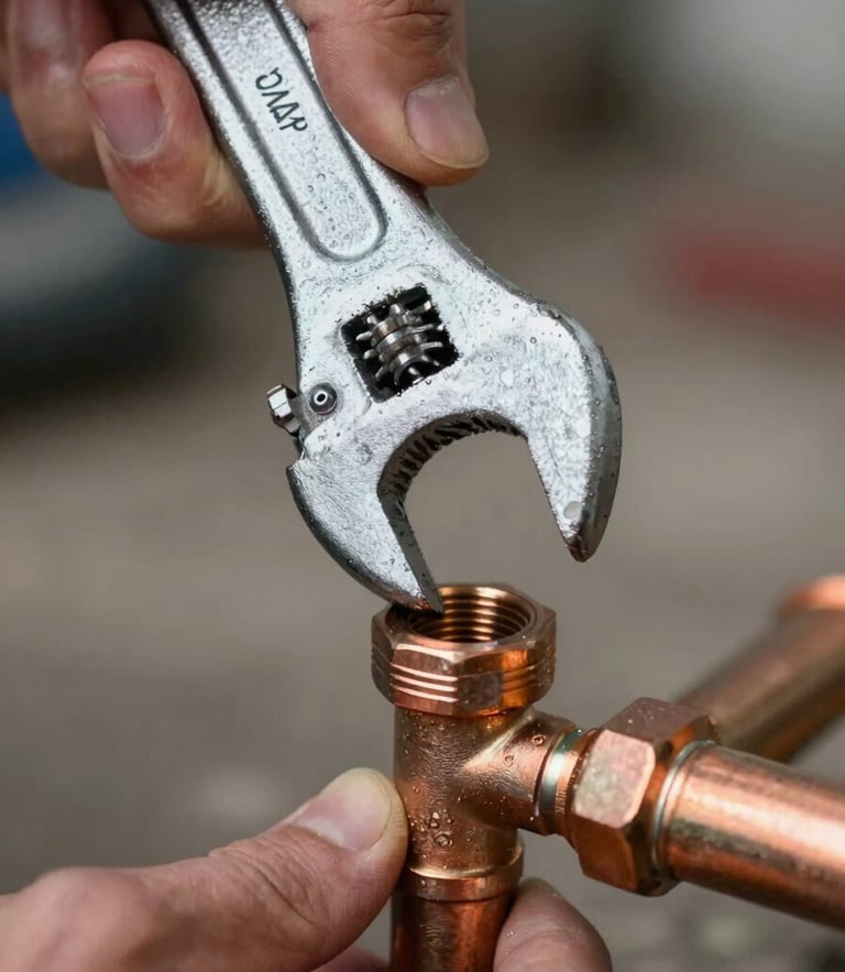 A tight, high-contrast macro shot of a plumber's hands using a heavy steel wrench to tighten a copper pipe joint, bright utility lighting reflecting off metallic surfaces.