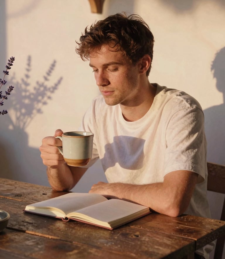 Jan sitting at a rustic wooden table in warm golden-hour light, holding a ceramic mug, a notebook open in front of him, soft shadows of lavender on the wall behind.
