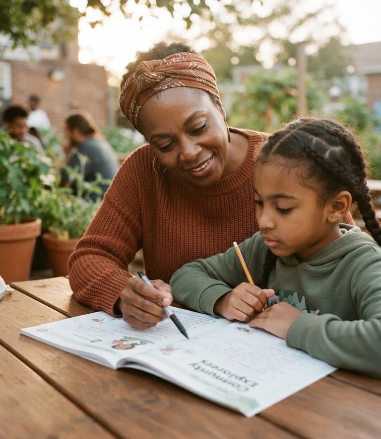A warm, candid photo of a local mentor guiding a young student over a workbook, natural golden-hour daylight, rich earthy tones, 35mm
