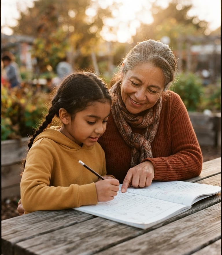 A warm candid portrait of a local mentor guiding a young student over a workbook, natural golden-hour daylight, rich earthy tones, 35mm