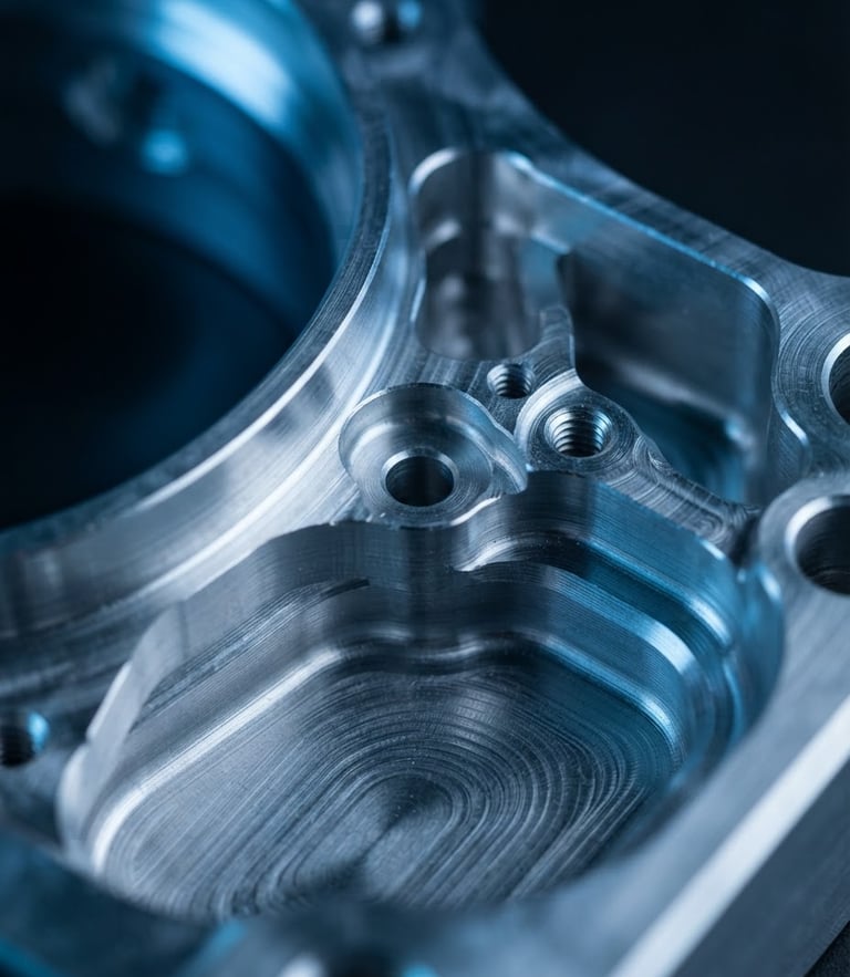 Extreme close-up of a CNC machined billet aluminum aerospace component, cool blue backlighting, sharp metallic edges, macro lens, 35mm