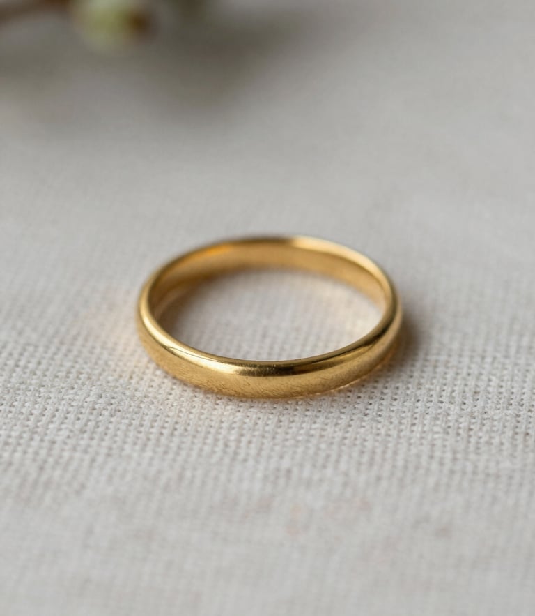 Macro shot of a delicate matte gold ring setting resting on textured linen, soft natural daylight, shallow depth of field