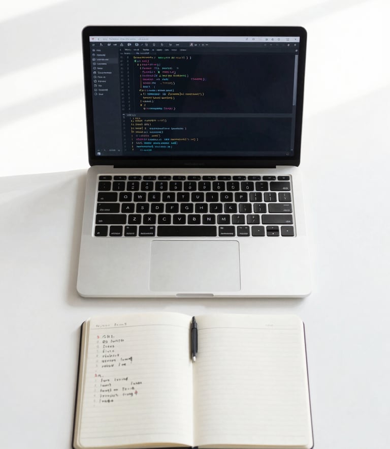 A clean overhead flat-lay of a modern workspace, a laptop displaying structured code, a notebook with handwritten notes, soft natural morning daylight.