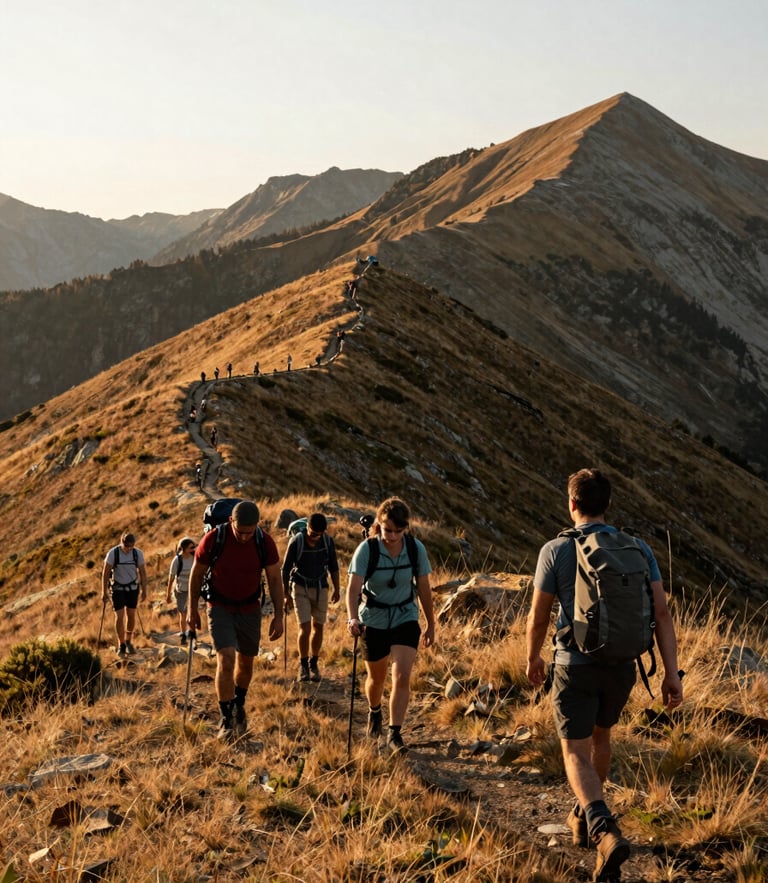 Wide environmental shot of a diverse group of hikers walking along a grassy ridge in the Pyrenees during golden hour, soft natural light, warm earthy tones