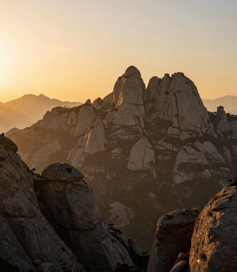 Wide panoramic view of the Montserrat mountain range at sunrise, rugged peaks silhouetted against a golden sky, atmospheric mist in the valleys