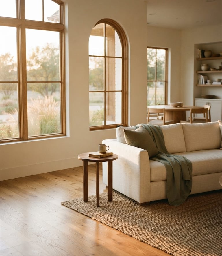 A bright sunlit North Texas home interior with soft golden-hour window light reflecting on warm wooden floors, minimalist elegant styling, 35mm photography.
